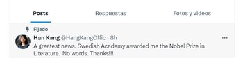 La cuenta falsa de Han Kang con la noticia verdadera del Nobel
