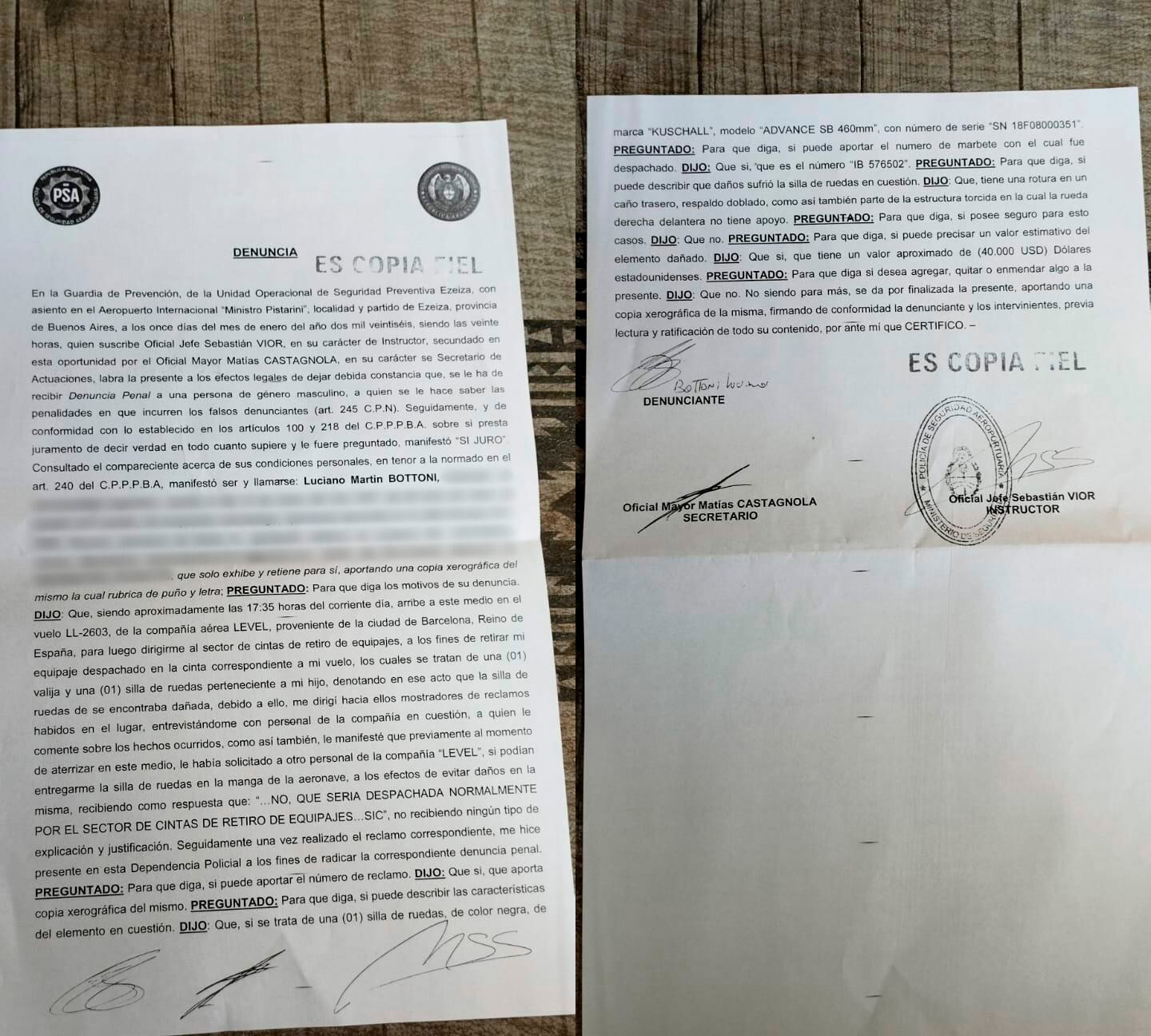 La denuncia que presentó el papá de Matías ante la Policía de Seguridad Aeroportuaria (PSA)