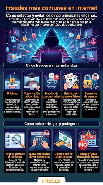 Infografía con figura de hacker, laptop, pantallas e iconos de internet. Muestra cinco tipos de fraude online con sus descripciones y cuatro consejos de prevención.