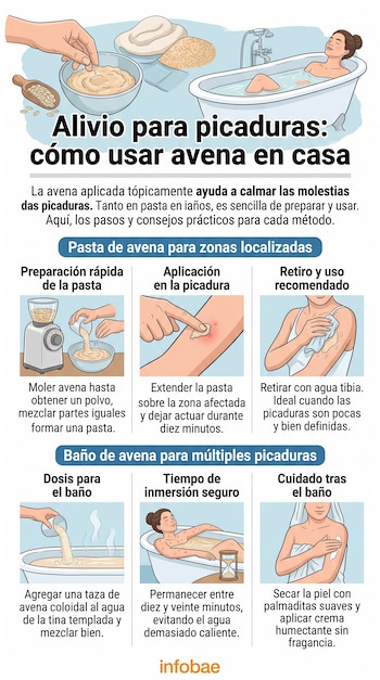 Infografía con seis recuadros explicativos que muestran la preparación y aplicación de pasta y baño de avena para la piel.