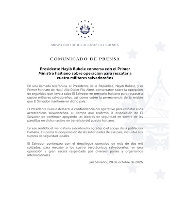 La **Cancillería de El Salvador** anunció el miércoles 28 de octubre que el país desplegaría más de 2.000 soldados en Haití, tras una conversación telefónica entre Bukele y el primer ministro haitiano, Alix Didier Fils-Aimé - crédito Cancillería de El Salvador