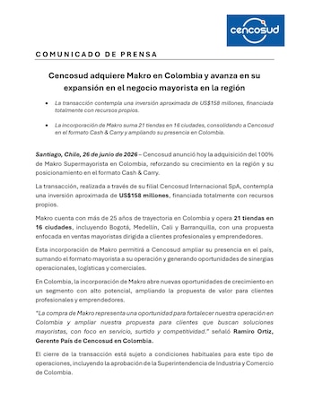 La adquisición de Makro le suma a Cencosud 21 tiendas en 16 ciudades de Colombia y la acerca al Top 10 del comercio del país - crédito Cencosud