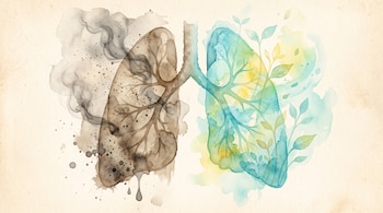 Ilustración de unos pulmones en acuarela: la sección izquierda es gris con humo y manchas, y la derecha es verde y turquesa con hojas.