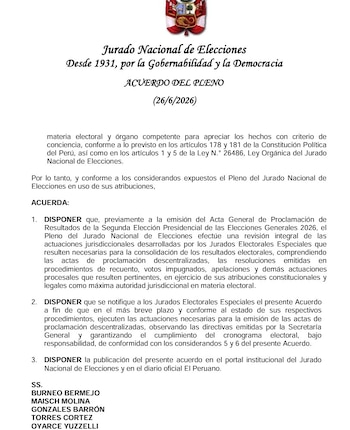 Documento oficial con escudo nacional, título 'Acuerdo del Pleno', fecha 26/6/2026, texto legal y firmas al pie