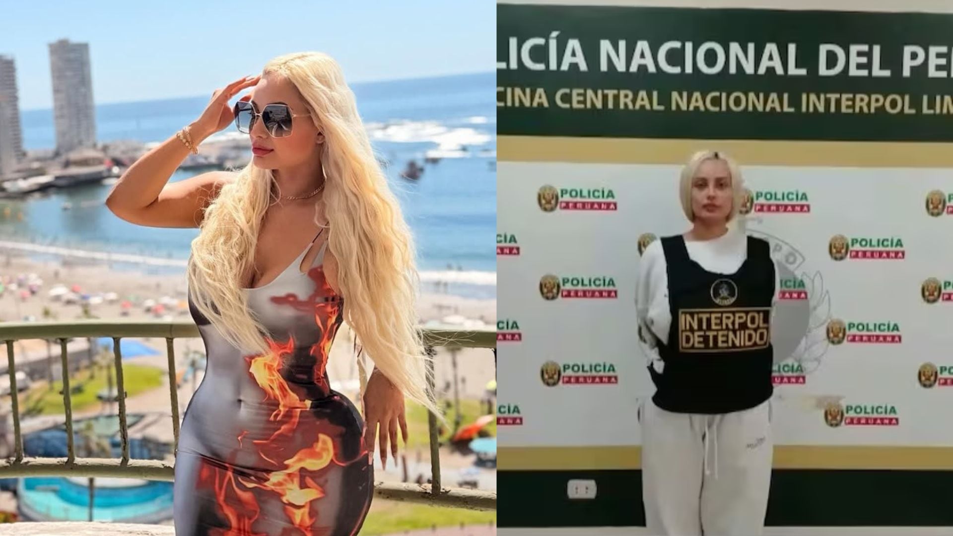 La imagen compara dos momentos de Nadeska Widausky: a la izquierda, posando con un vestido ceñido en un balcón con vista al mar, y a la derecha, detenida por la Interpol en Perú, vistiendo ropa casual y un chaleco identificativo.
