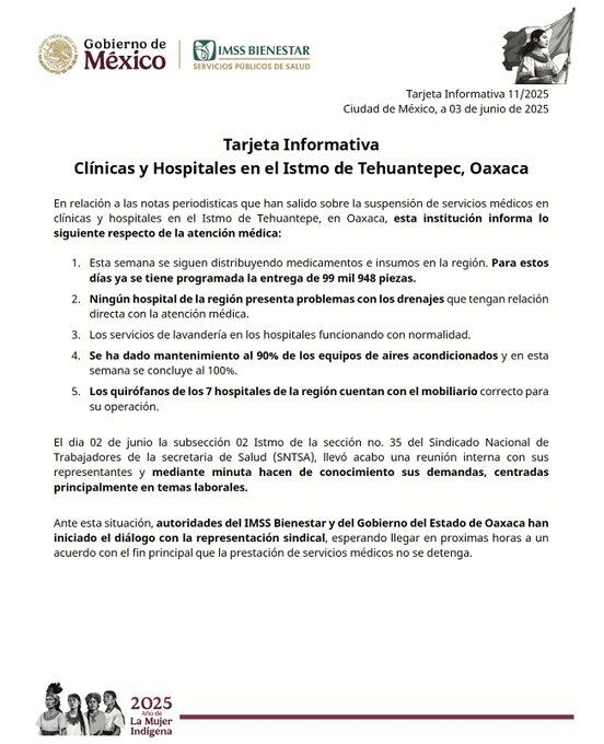 Autoridades del Gobierno de Oaxaca y del IMSS-Bienestar establecen mesas de diálogo para resolver la crisis del sector salud.CRÉDITOS: X (@IMSS_Bienestar)