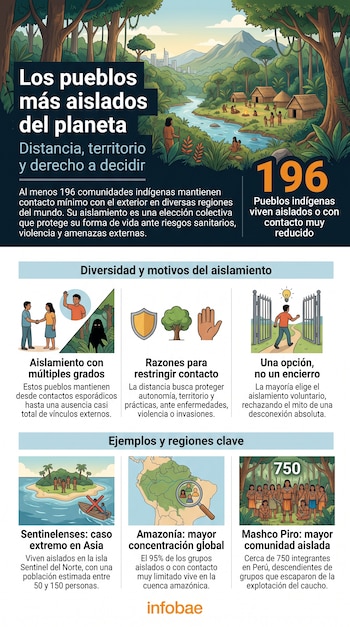 Infografía con título "Los pueblos más aislados del planeta", ilustraciones de una aldea indígena, símbolos de aislamiento y mapas con ejemplos de comunidades.