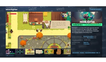 Pantalla del videojuego Moonlighter con personajes, diálogo, construcciones y árboles. A la derecha, banner de anuncio para Moonlighter 2 y detalles del juego