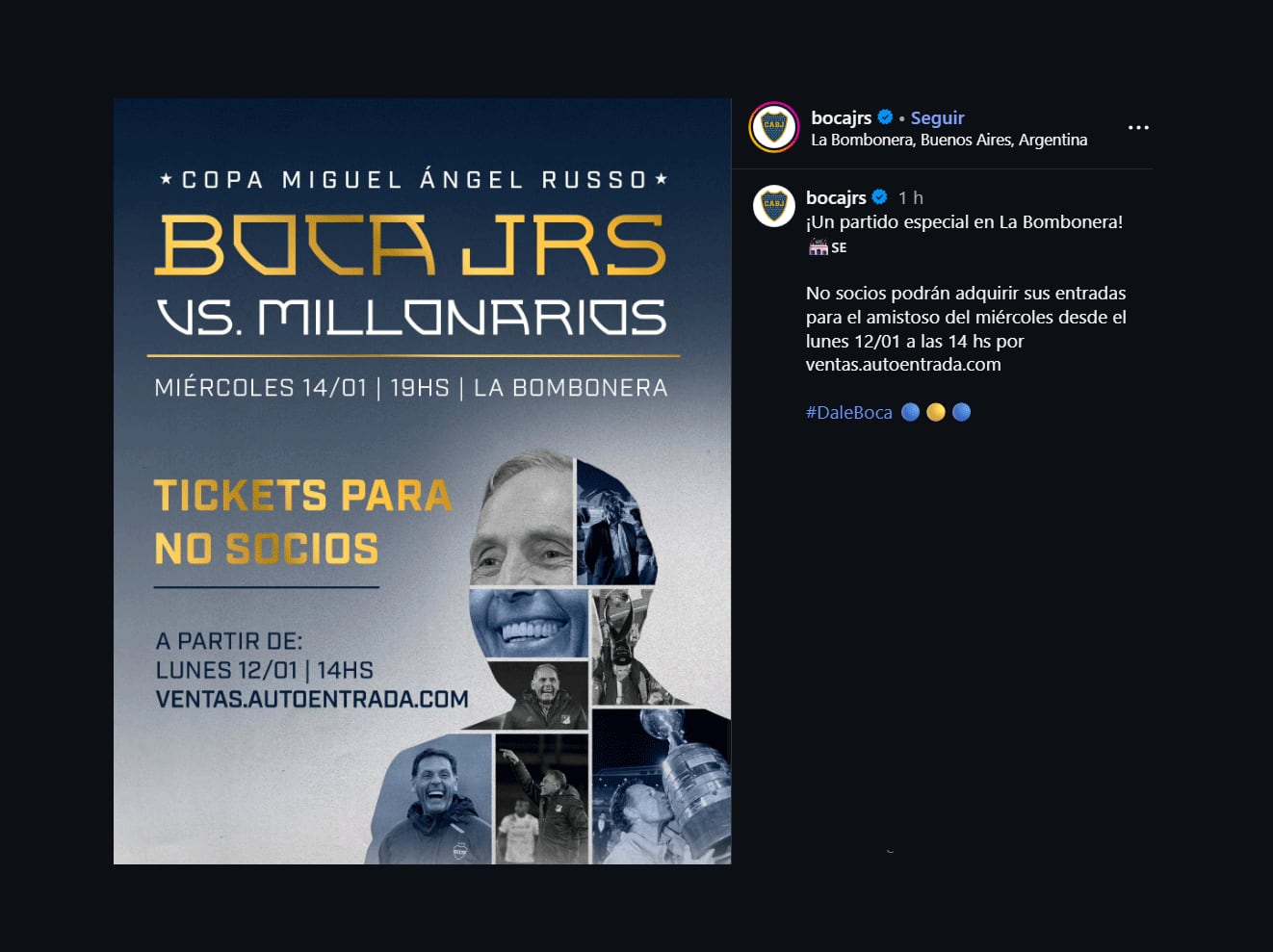 Boca informó que personas no socias de la institución podrán adquirir su entrada para el amistoso contra Millonarios (@bocajrs)