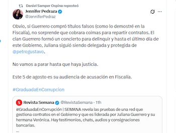 La congresista Jennifer Pedraza se refirió al presunto cobro de coimas por parte de Juliana Guerrero - crédito @JenniferPedraz/X