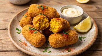 Plato con croquetas de coliflor y cúrcuma, decoradas con hierbas verdes picadas y pimentón, acompañadas de salsa cremosa y un trozo de limón.