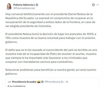 Paloma Valencia confirmó una conversación telefónica con el presidente ecuatoriano Daniel Noboa, en la que abordó la situación fronteriza y la crisis comercial - crédito @PalomaValenciaL/X