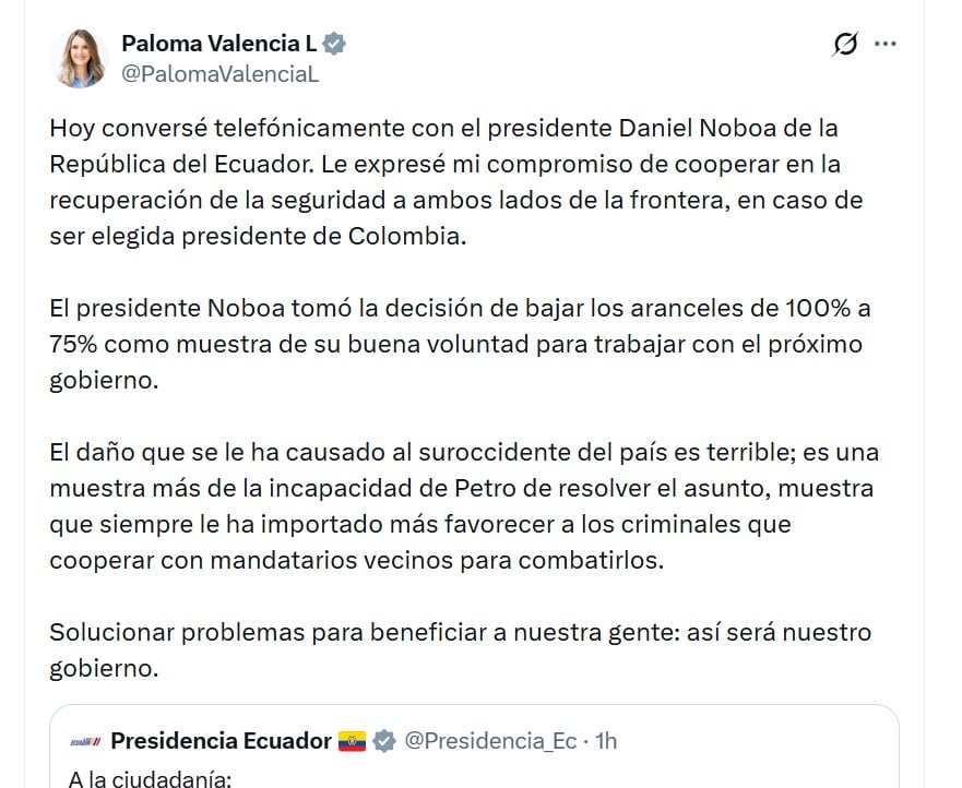 Paloma Valencia confirmó una conversación telefónica con el presidente ecuatoriano Daniel Noboa, en la que abordó la situación fronteriza y la crisis comercial - crédito @PalomaValenciaL/X