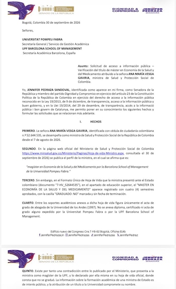 Mientras espera la respuesta de la universidad, Pedraza sostiene que el Ministerio de Salud debería corregir la información publicada en su página oficial si esta no corresponde con la documentación académica de la funcionaria - crédito @JenniferPedraz/X