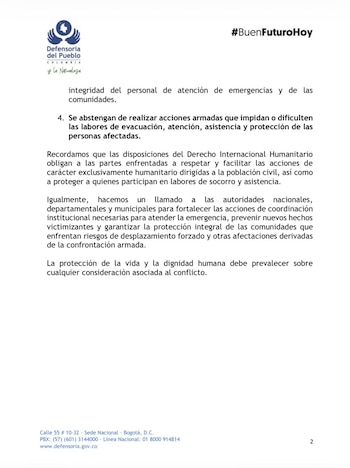 La Defensoría pidió a los grupos armados respetar a la población y permitir el acceso inmediato de los organismos de socorro a las áreas en emergencia - crédito Defensoría del pueblo