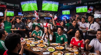 Una multitud observa un partido de fútbol en múltiples pantallas dentro de un restaurante. Personas con camisetas de México e Inglaterra, banderas, camareros sirven comida y bebida.