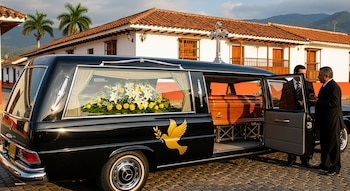 Coche fúnebre negro con féretro y flores blancas/amarillas en calle adoquinada de Colombia. Dos hombres de traje y edificios coloniales con palmeras al fondo.