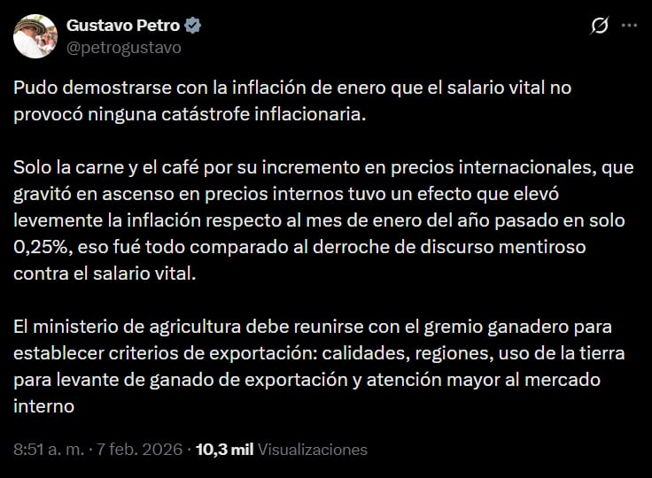 El presidente Gustavo Petro aseguró que el aumento del salario mínimo no provocó una “catástrofe inflacionaria” y atribuyó el repunte de precios a factores internacionales- crédito X