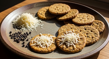Plato artesanal con galletas saladas, algunas con queso rallado. Junto a ellas, una pila de queso rallado y granos de pimienta negra.