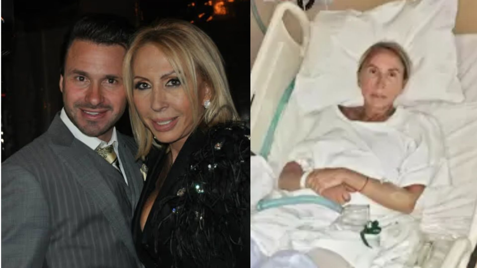 Una composición reúne a Cristian Zuárez y a la conductora Laura Bozzo en un evento social junto a una toma de la presentadora convaleciente en una cama médica.