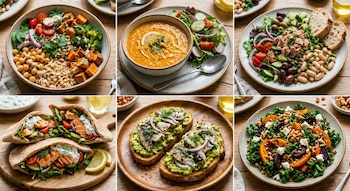 Collage de seis platos: un tazón con vegetales, sopa de lentejas, ensalada de atún, pitas de salmón, tostadas con sardinas y ensalada de col rizada y calabaza