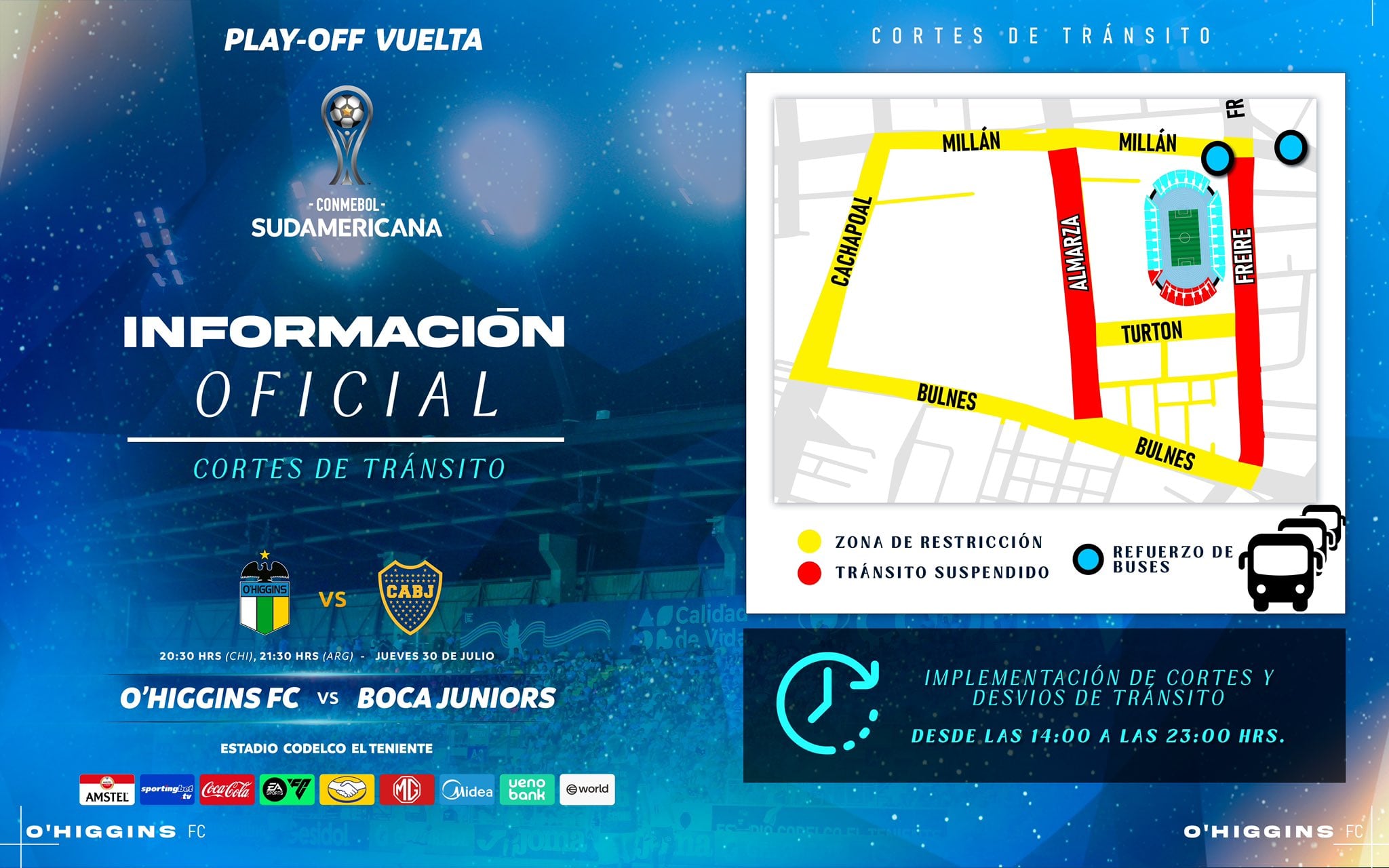 Mapa de interrupções e desvios de trânsito para a partida entre O'Higgins FC e Boca Juniors no estádio Codelco El Teniente, pela Copa Sul-Americana.
