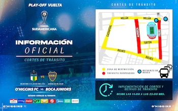 Mapa de calles con zonas de restricción amarillas y tránsito suspendido rojo, iconos de buses. Logos de O'Higgins FC y Boca Juniors, Copa Sudamericana, detalles de horarios