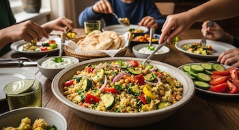 Una mesa de madera con una fuente de cuscús de verduras, pepino, tomate, salsa y pan pita; varias manos de personas comiendo.