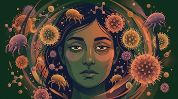 Ilustración de un rostro de persona rodeado por ácaros del polvo, partículas de polen y estructuras de enlaces moleculares.