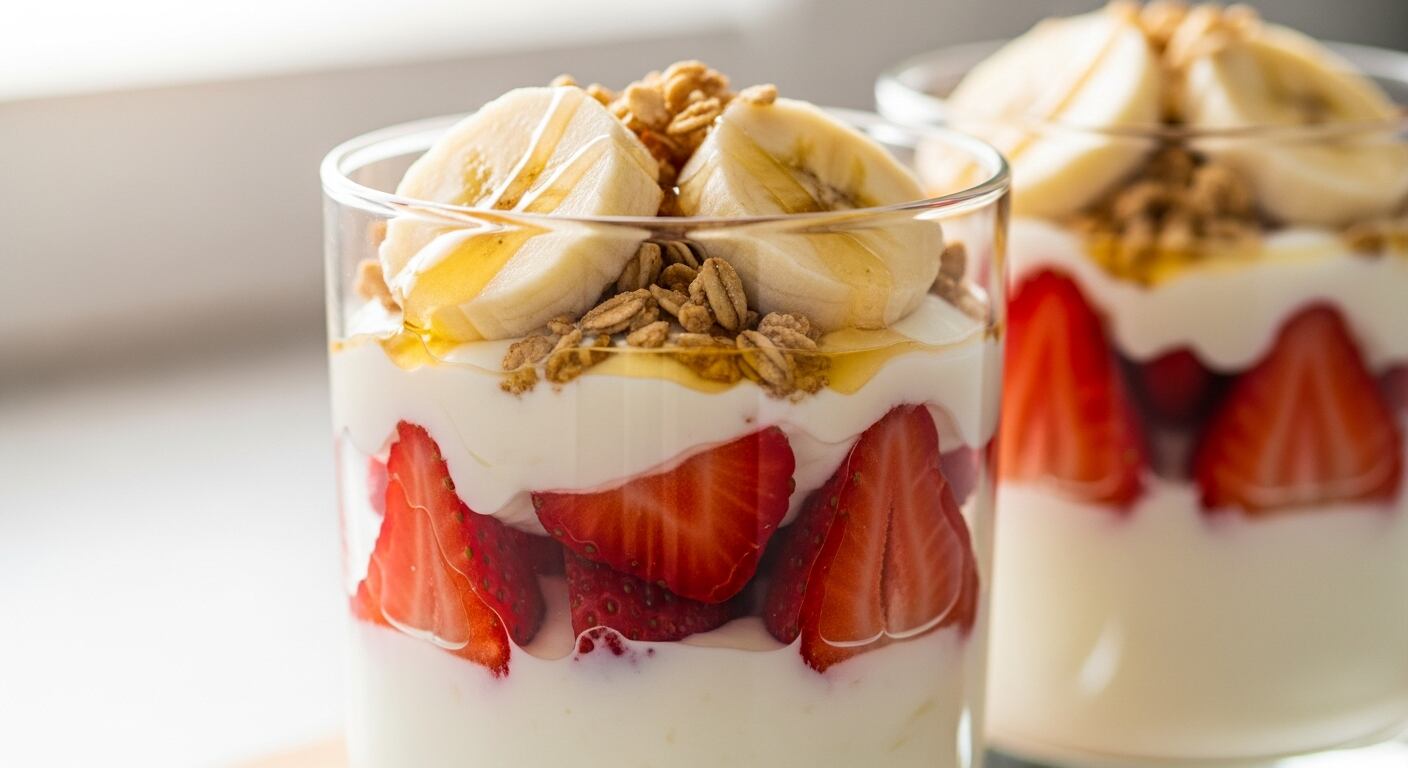 Las copas de yogur con capas alternadas de frutillas, banana, miel y cereales representan una opción rápida y nutritiva, ideal para desayunos, meriendas y postres frescos, aportando proteínas y fibras con bajo nivel de azúcar añadido (Imagen Ilustrativa Infobae)
