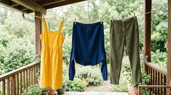 Un vestido amarillo, una sudadera azul marino y un pantalón verde oliva cuelgan de una soga en un balcón con vegetación de fondo.