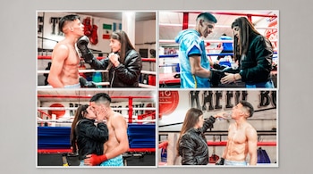 Cuatro fotografías de un boxeador y una mujer ajustando guantes, bebiendo agua y besándose en un cuadrilátero de boxeo.