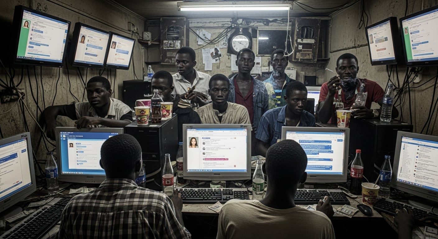 Jóvenes nigerianos interactúan con computadoras en un cibercafé, usando perfiles en línea para contactar mujeres con fines de estafa. (Imagen Ilustrativa Infobae)