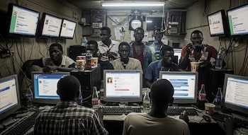 Ocho hombres jóvenes sentados y de pie en un cibercafé con diez monitores de computadora encendidos que muestran perfiles de redes sociales, teclados, ratones, botellas y vasos.