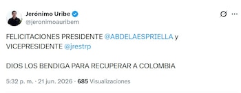 Jerónimo Uribe felicitó a la fórmula ganadora y expresó sus deseos de éxito para el nuevo Gobierno - crédito @jernimoauribem/X