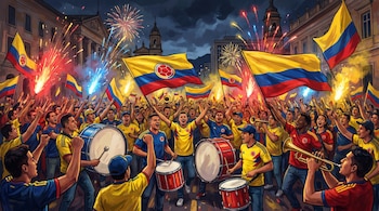 Ilustración de una multitud de hinchas colombianos celebrando en Bogotá con banderas, tambores, trompetas, bengalas y fuegos artificiales por la noche.