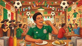 Ilustración de un hombre con camiseta de la selección mexicana comiendo tacos en un restaurante festivo, con banderas mundialistas, balones y mariachis tocando.