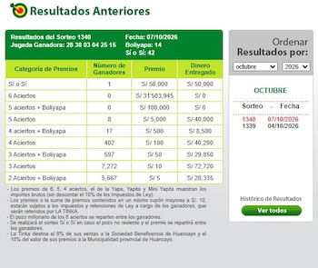 La Tinka HOY miércoles 7 de octubre: estos son los números ganadores y el nuevo Pozo Millonario. Captura: América TV.