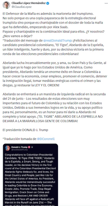Claudia López acusó a Abelardo de la Espriella de ser “marioneta del trumpismo” - crédito @ClaudiaLopez/X
