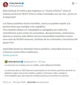 La periodista Vicky Dávila respondió a Aida Quilcué y la cuestionó por la falta de reconocimiento a otras víctimas del conflicto - crédito @VickyDavilaH/X
