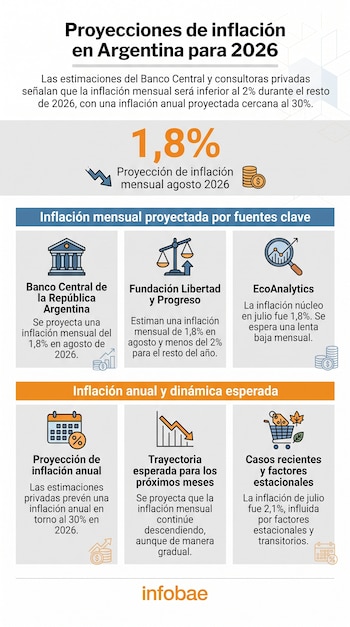 Infografía con título Proyecciones de inflación en Argentina para 2026. Contiene cuadros con datos de inflación mensual, anual y factores estacionales de varias fuentes.