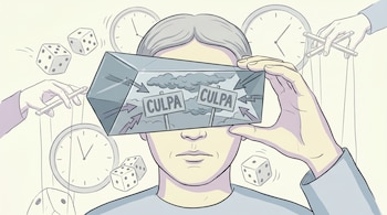 Una persona sostiene un prisma frente a sus ojos que muestra nubes, flechas y la palabra culpa. Alrededor hay dados, relojes y manos con hilos de marioneta.