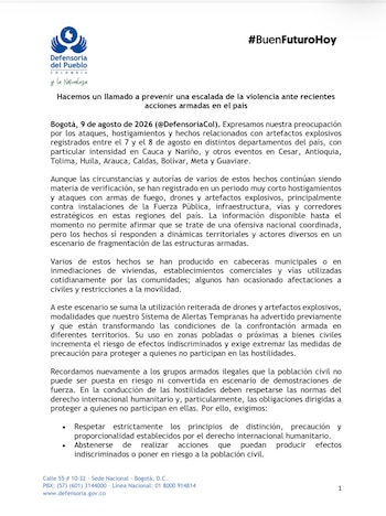 La Defensoría del Pueblo señaló que en pocas horas hubo hostigamientos y ataques con armas de fuego, drones y artefactos explosivos - crédito Defensoría