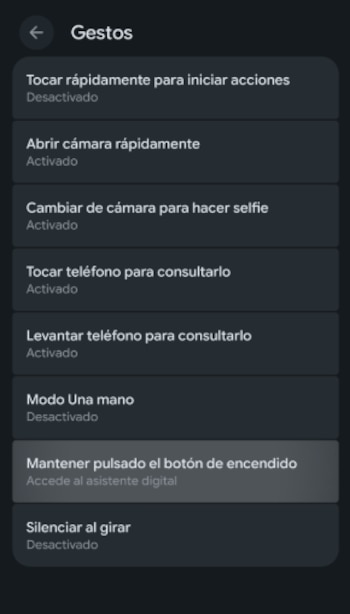 Liminar la función Gestos para