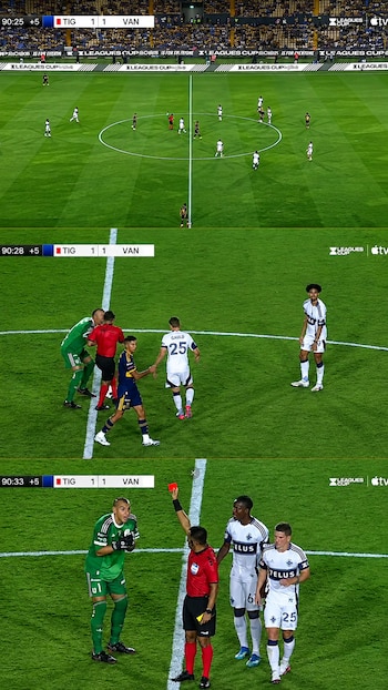 Un partido de fútbol con el marcador Tigres 1-1 Vancouver. Un árbitro muestra una tarjeta roja al portero, mientras otros jugadores observan la acción