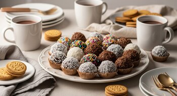 Plato con trufas de galletitas cubiertas de coco, granas y chocolate rallado. Tazas de chocolate caliente, galletas y servilletas de tela en una mesa.