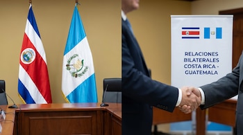 Bandera de Costa Rica y bandera de Guatemala junto a dos hombres dándose la mano. Al fondo, un cartel dice 'Relaciones Bilaterales Costa Rica - Guatemala'.