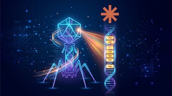 Un bacteriófago azul de neón y una doble hélice de ADN iluminada junto al símbolo naranja de Anthropic sobre un fondo azul oscuro con circuitos.