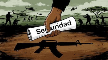 Mano morena sostiene contrato "Seguridad", su sombra es un fusil de asalto. Fondo con siluetas de soldados, helicópteros y árboles.