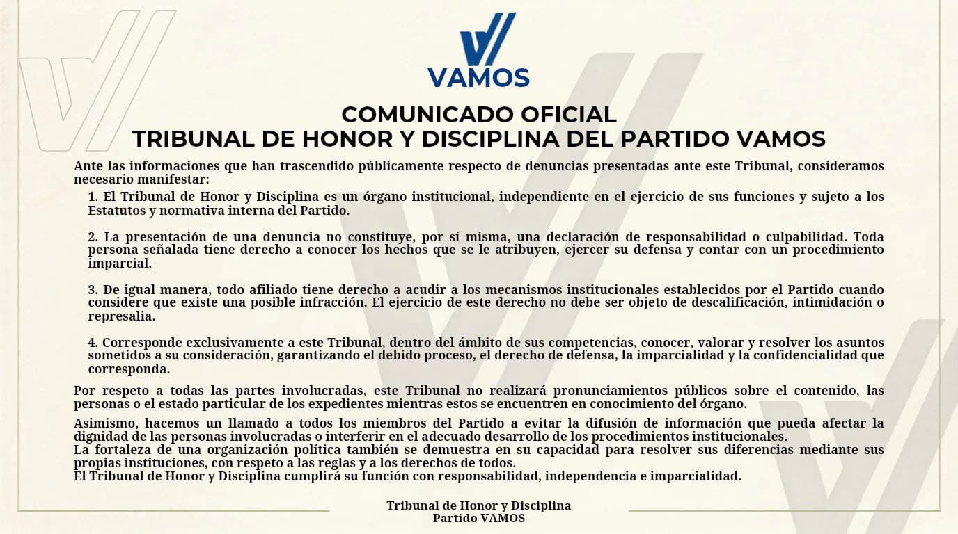 El Tribunal de Honor y Disciplina de Vamos respondió que una denuncia no implica culpabilidad y aseguró el derecho de defensa y un procedimiento imparcial. /(Redes del partido Vamos)
